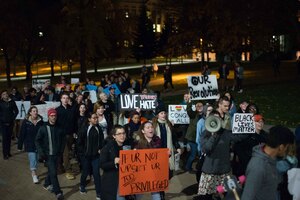 More than 100 Syracuse University community members gathered Thursday night to march across the SU campus and protest Donald Trump winning the presidential election.